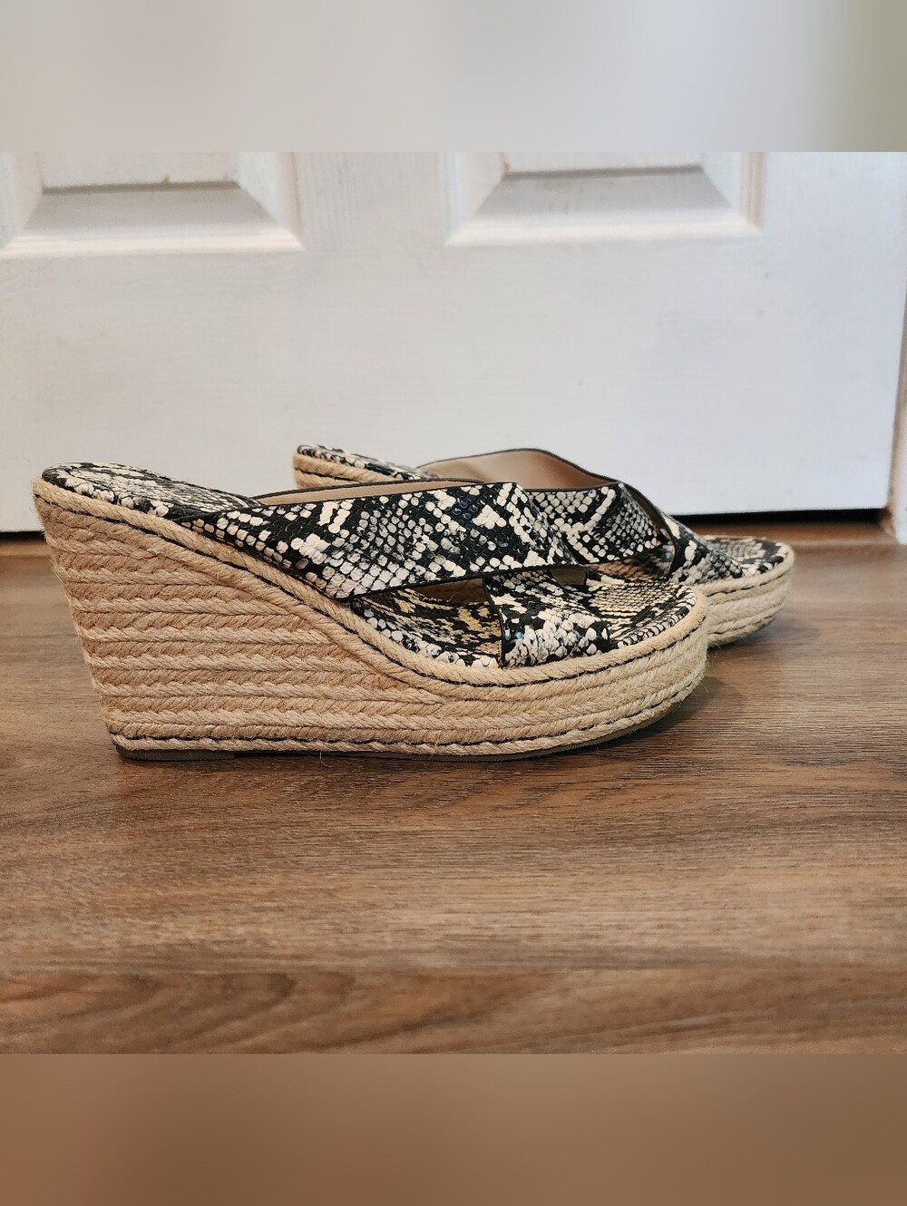 Women’s Black & White Snake-Print Espadrille Wedge Sandals